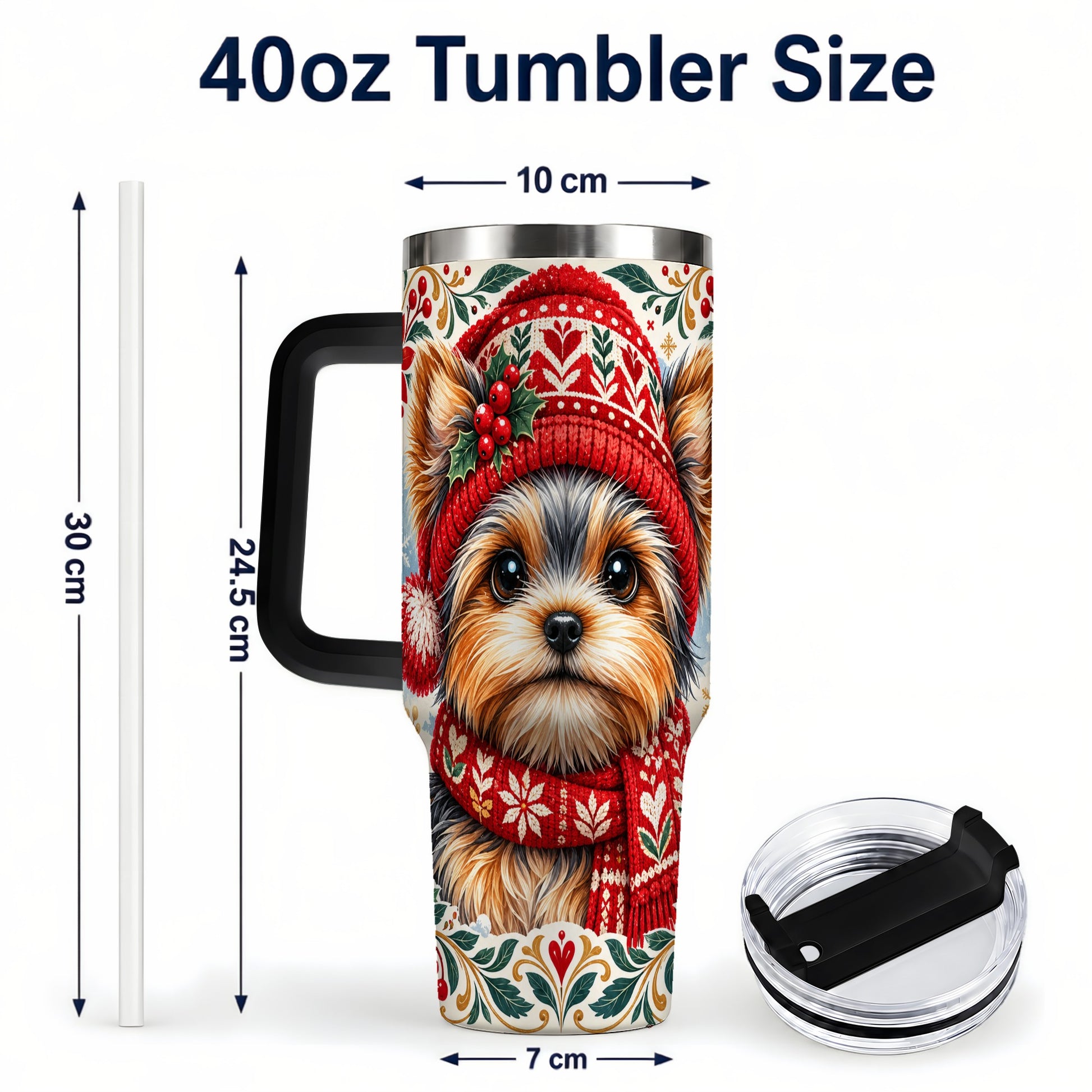 #pl[40oz|Black] Christmas Yorkie 40oz Tumbler with Handle, Winter Dog Stainless Steel Cup