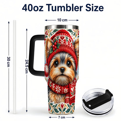 #pl[40oz|Black] Christmas Yorkie 40oz Tumbler with Handle, Winter Dog Stainless Steel Cup