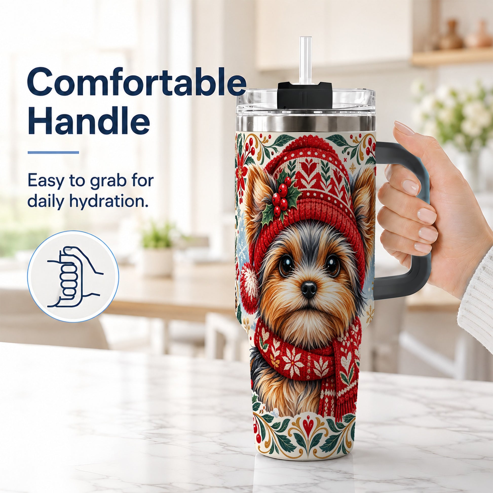 #pl[40oz|Black] Christmas Yorkie 40oz Tumbler with Handle, Winter Dog Stainless Steel Cup
