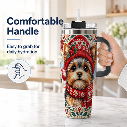 #pl[40oz|Black] Christmas Yorkie 40oz Tumbler with Handle, Winter Dog Stainless Steel Cup
