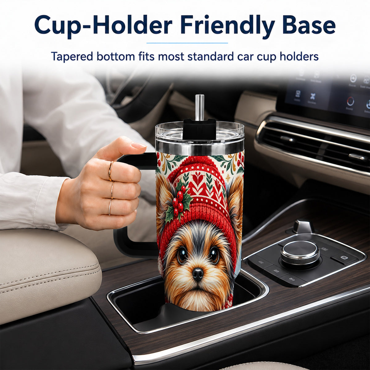 #pl[40oz|Black] Christmas Yorkie 40oz Tumbler with Handle, Winter Dog Stainless Steel Cup