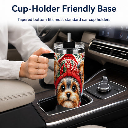 #pl[40oz|Black] Christmas Yorkie 40oz Tumbler with Handle, Winter Dog Stainless Steel Cup