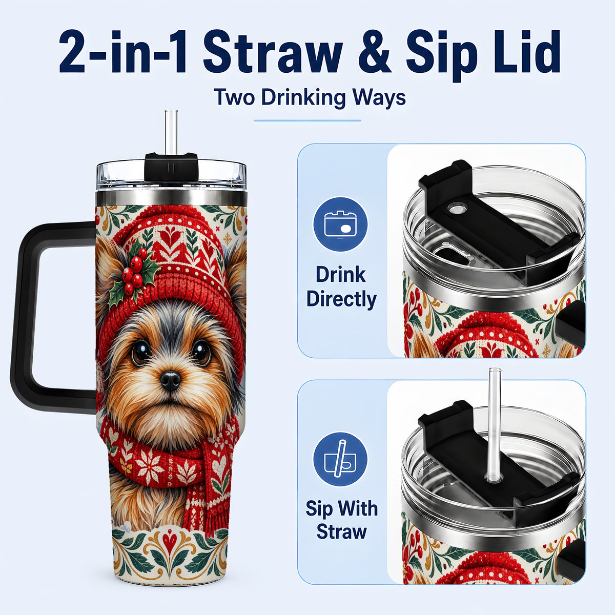 #pl[40oz|Black] Christmas Yorkie 40oz Tumbler with Handle, Winter Dog Stainless Steel Cup