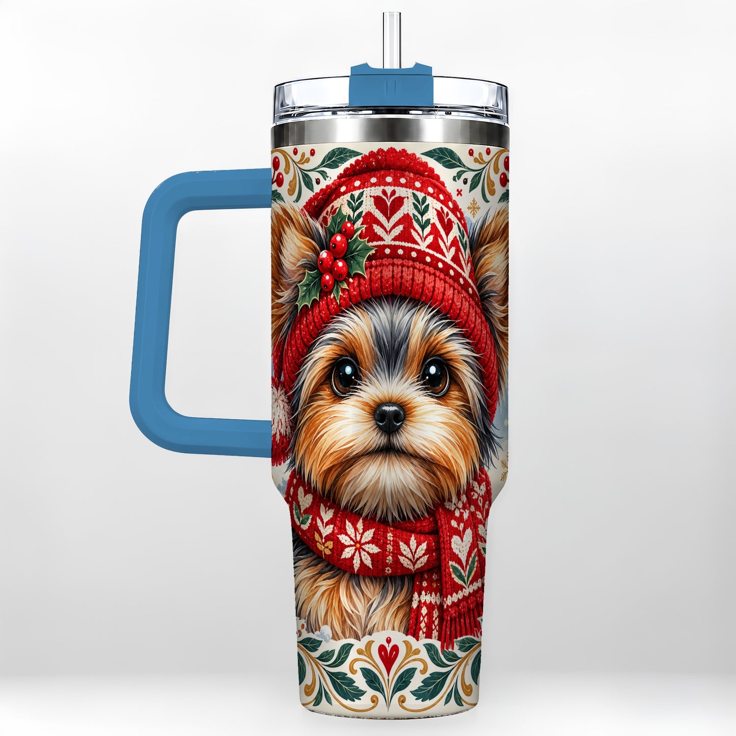 #pl[40oz|Blue] Christmas Yorkie 40oz Tumbler with Handle, Winter Dog Stainless Steel Cup