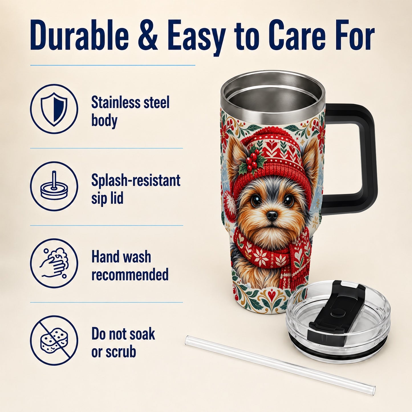 #pl[40oz|Black] Christmas Yorkie 40oz Tumbler with Handle, Winter Dog Stainless Steel Cup