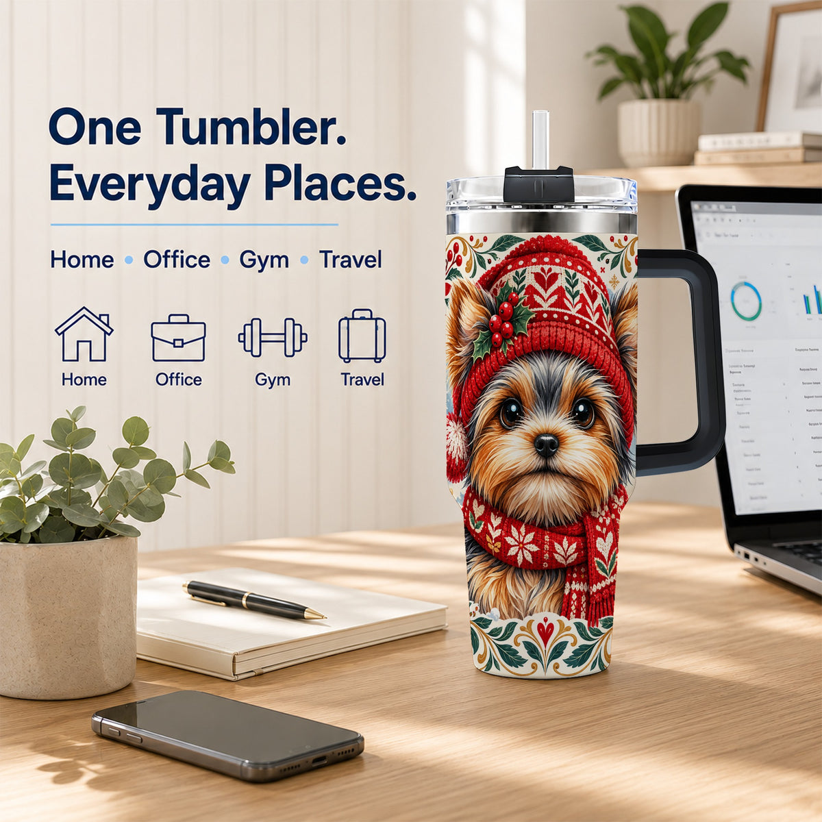 #pl[40oz|Black] Christmas Yorkie 40oz Tumbler with Handle, Winter Dog Stainless Steel Cup