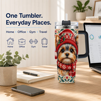 #pl[40oz|Black] Christmas Yorkie 40oz Tumbler with Handle, Winter Dog Stainless Steel Cup