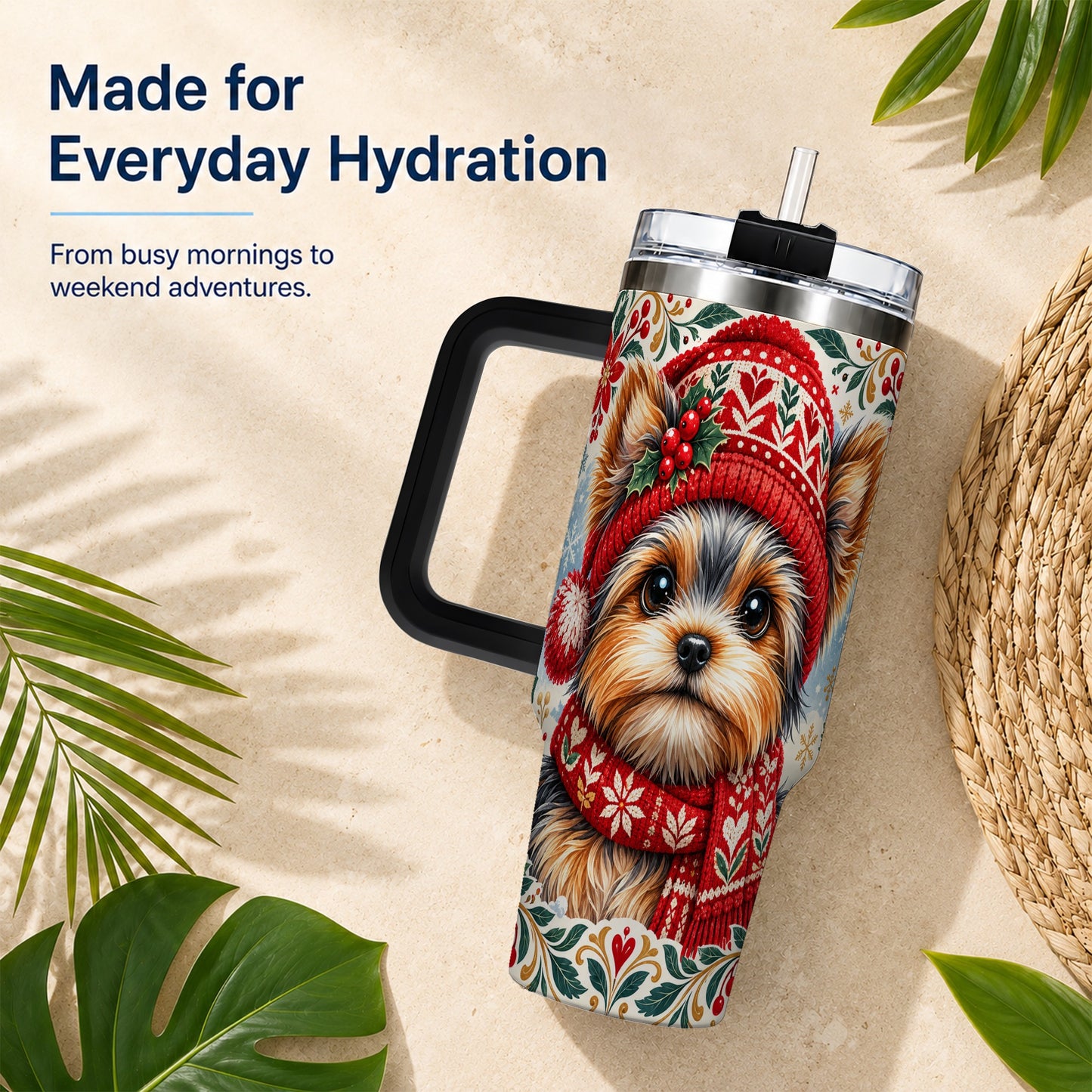 #pl[40oz|Black] Christmas Yorkie 40oz Tumbler with Handle, Winter Dog Stainless Steel Cup