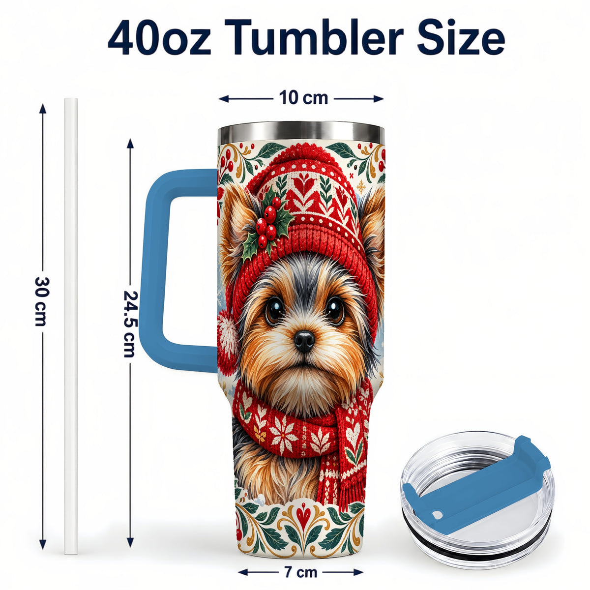 #pl[40oz|Blue] Christmas Yorkie 40oz Tumbler with Handle, Winter Dog Stainless Steel Cup