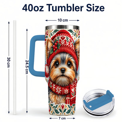 #pl[40oz|Blue] Christmas Yorkie 40oz Tumbler with Handle, Winter Dog Stainless Steel Cup