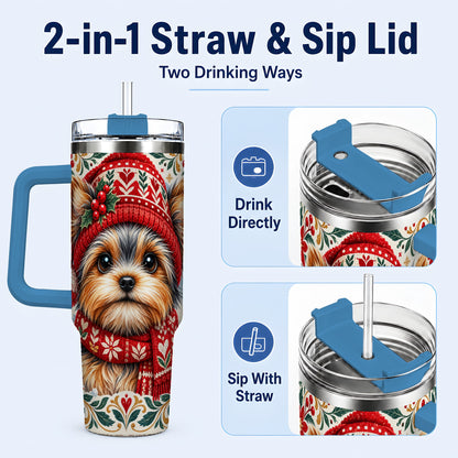 #pl[40oz|Blue] Christmas Yorkie 40oz Tumbler with Handle, Winter Dog Stainless Steel Cup