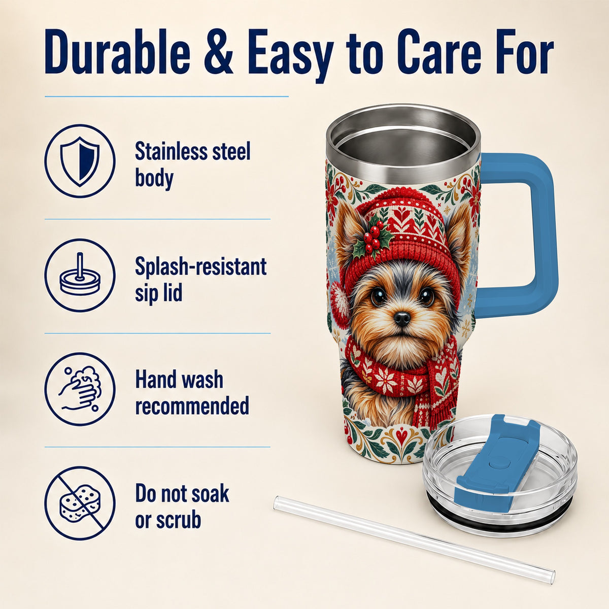 #pl[40oz|Blue] Christmas Yorkie 40oz Tumbler with Handle, Winter Dog Stainless Steel Cup