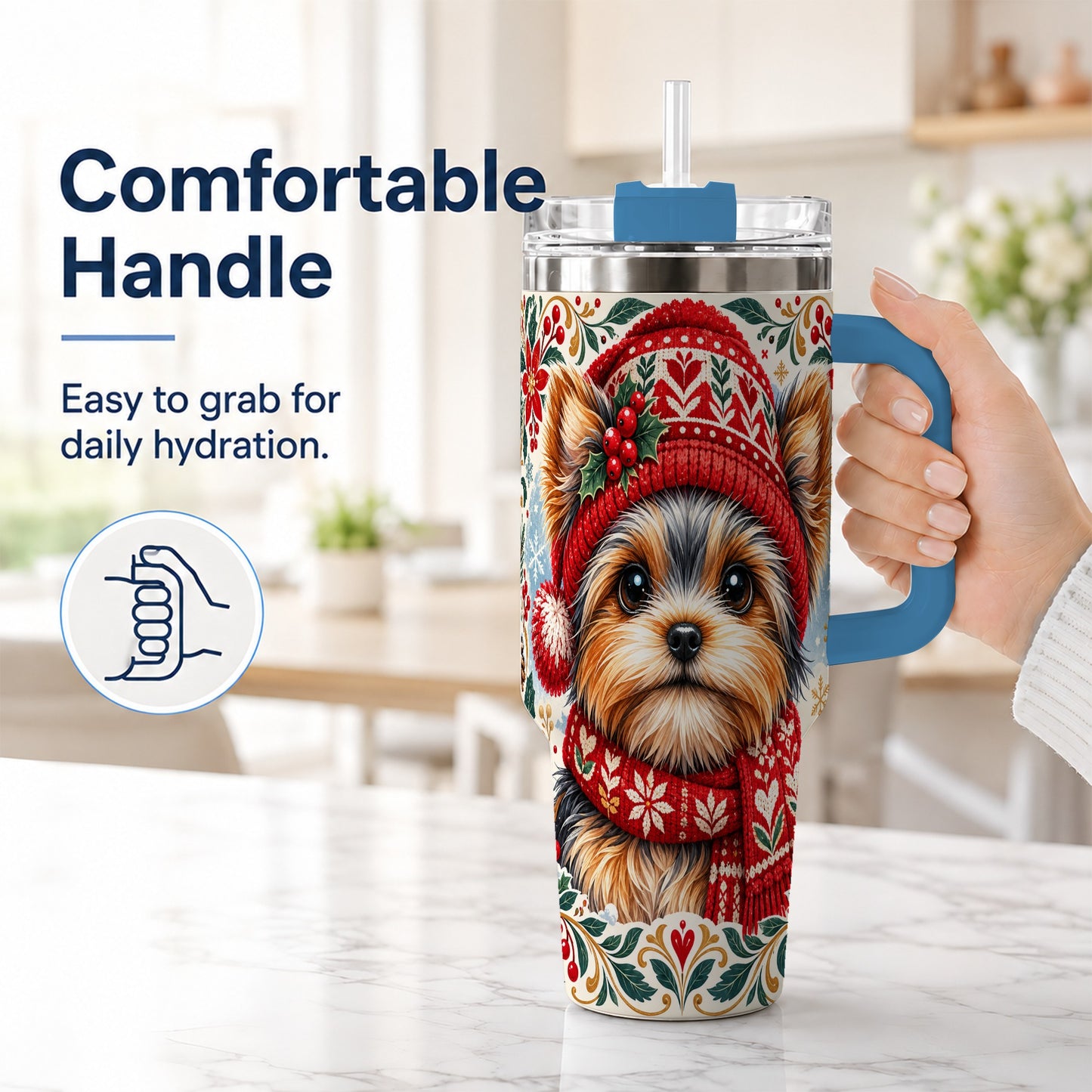 #pl[40oz|Blue] Christmas Yorkie 40oz Tumbler with Handle, Winter Dog Stainless Steel Cup