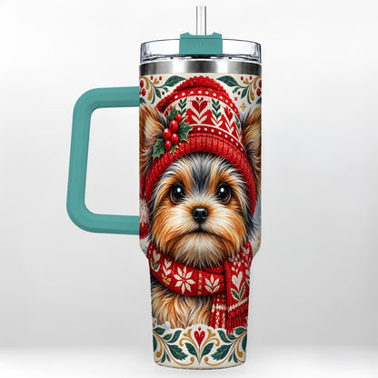 #pl[40oz|Green] Christmas Yorkie 40oz Tumbler with Handle, Winter Dog Stainless Steel Cup
