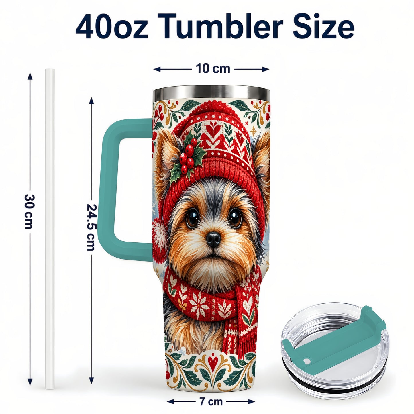 #pl[40oz|Green] Christmas Yorkie 40oz Tumbler with Handle, Winter Dog Stainless Steel Cup