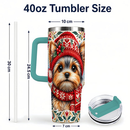 #pl[40oz|Green] Christmas Yorkie 40oz Tumbler with Handle, Winter Dog Stainless Steel Cup