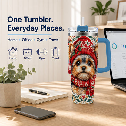 #pl[40oz|Blue] Christmas Yorkie 40oz Tumbler with Handle, Winter Dog Stainless Steel Cup