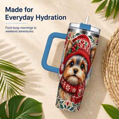 #pl[40oz|Blue] Christmas Yorkie 40oz Tumbler with Handle, Winter Dog Stainless Steel Cup