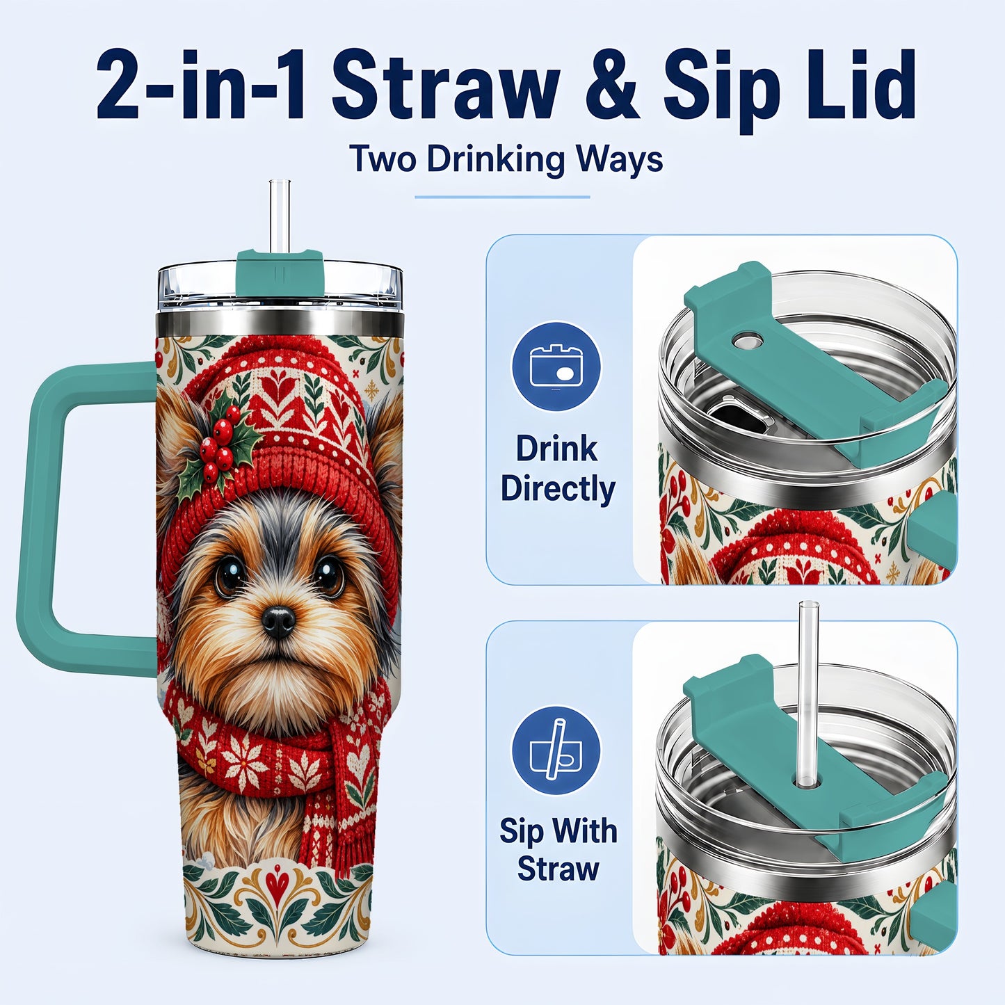 #pl[40oz|Green] Christmas Yorkie 40oz Tumbler with Handle, Winter Dog Stainless Steel Cup