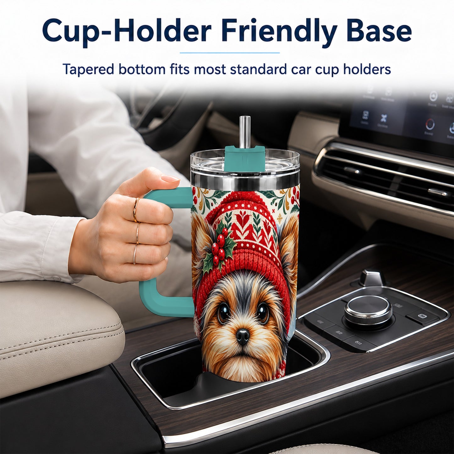 #pl[40oz|Green] Christmas Yorkie 40oz Tumbler with Handle, Winter Dog Stainless Steel Cup