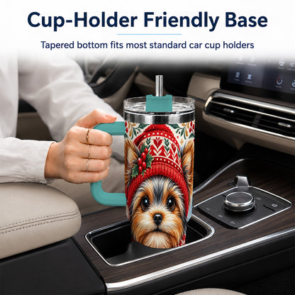 #pl[40oz|Green] Christmas Yorkie 40oz Tumbler with Handle, Winter Dog Stainless Steel Cup