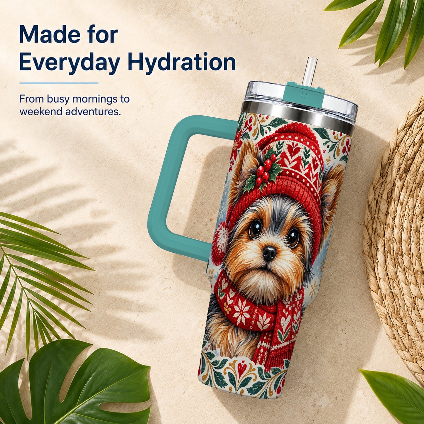 #pl[40oz|Green] Christmas Yorkie 40oz Tumbler with Handle, Winter Dog Stainless Steel Cup
