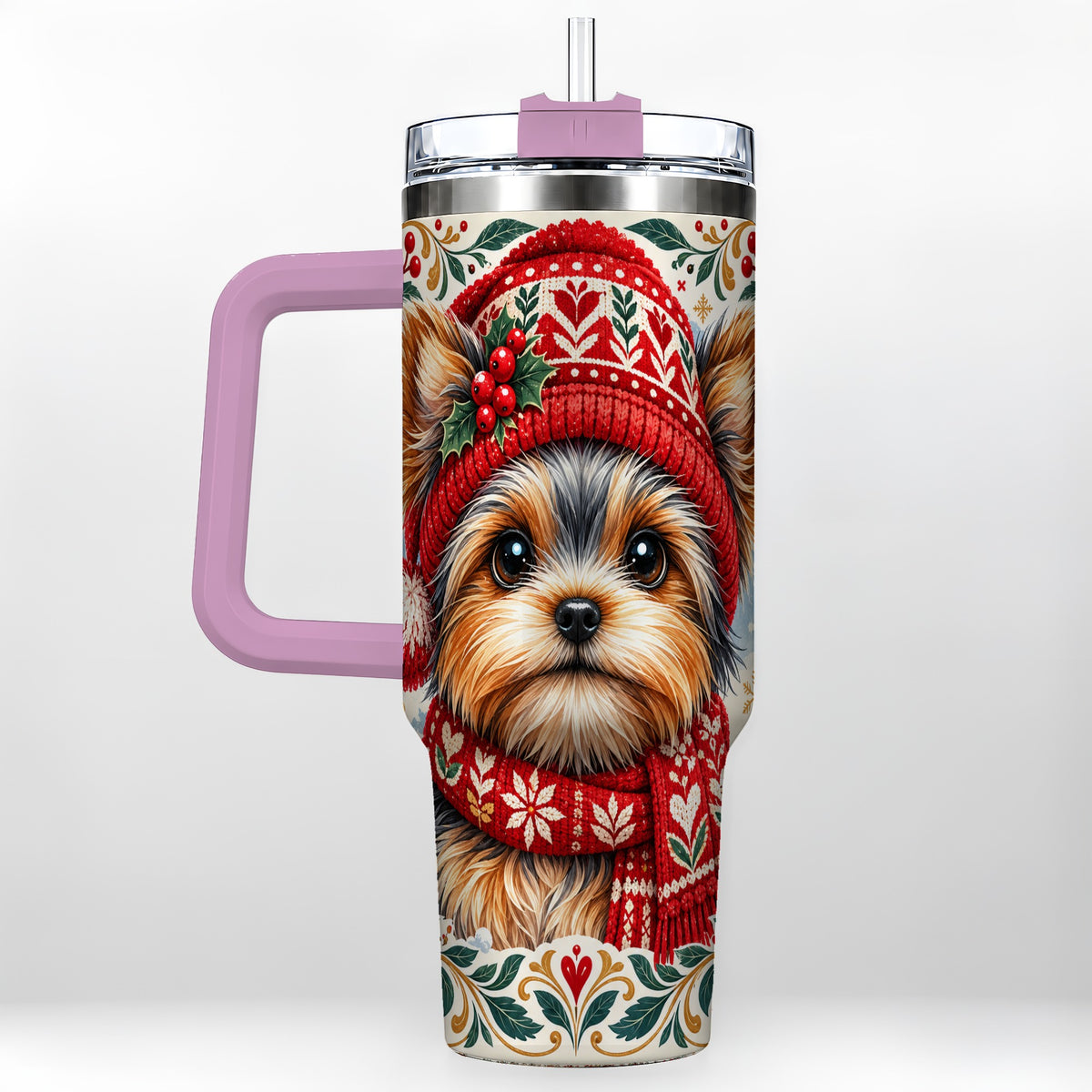 #pl[40oz|Pink] Christmas Yorkie 40oz Tumbler with Handle, Winter Dog Stainless Steel Cup