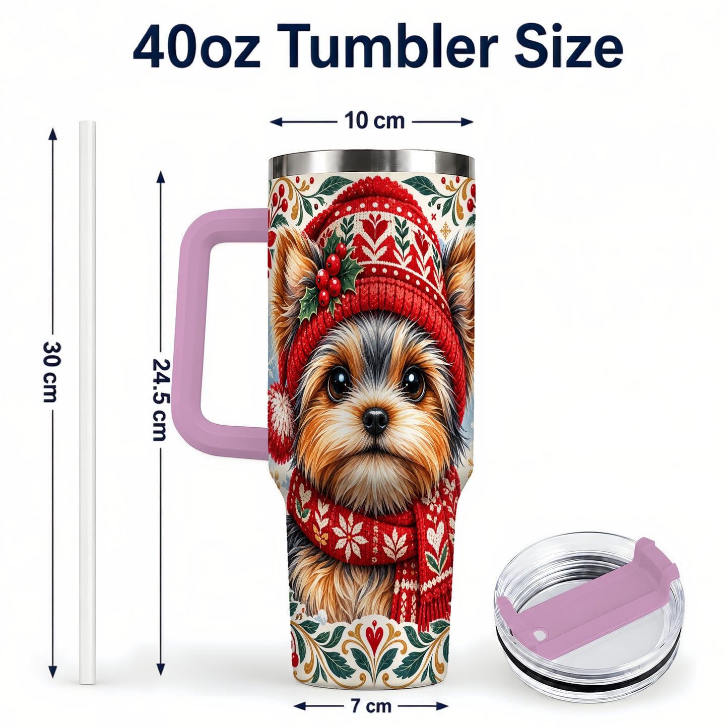 #pl[40oz|Pink] Christmas Yorkie 40oz Tumbler with Handle, Winter Dog Stainless Steel Cup