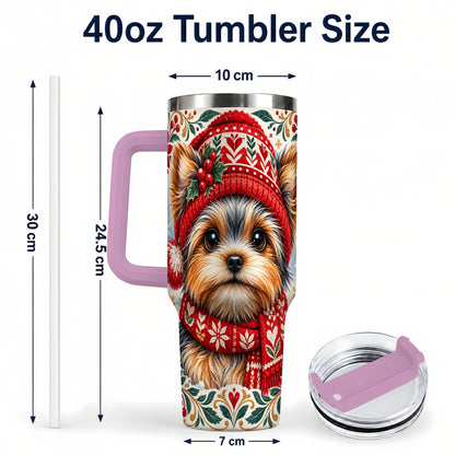 #pl[40oz|Pink] Christmas Yorkie 40oz Tumbler with Handle, Winter Dog Stainless Steel Cup