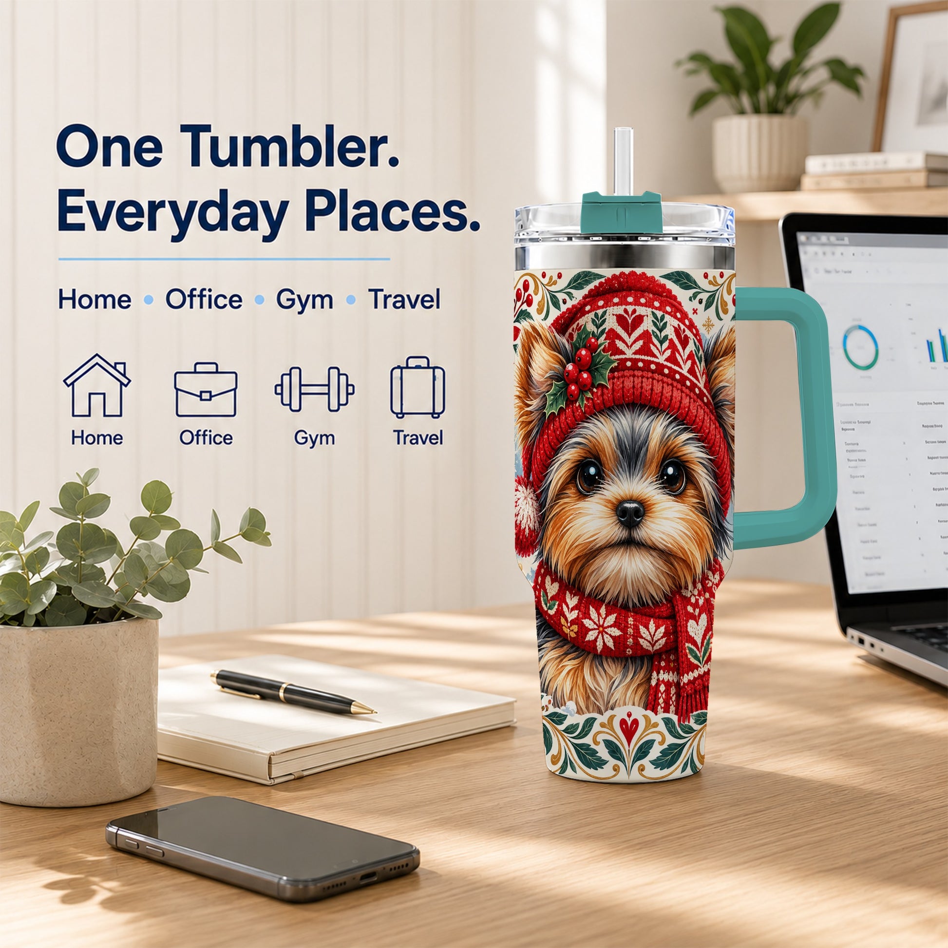#pl[40oz|Green] Christmas Yorkie 40oz Tumbler with Handle, Winter Dog Stainless Steel Cup