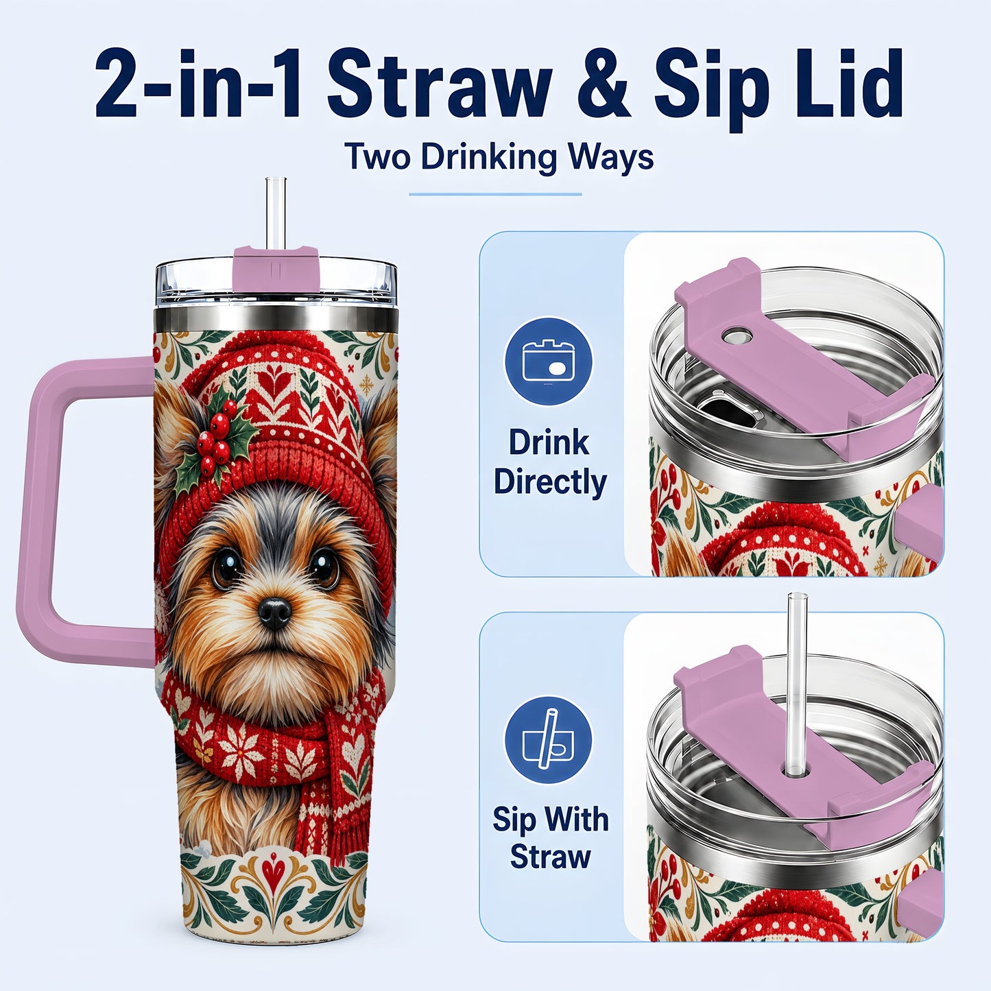 #pl[40oz|Pink] Christmas Yorkie 40oz Tumbler with Handle, Winter Dog Stainless Steel Cup