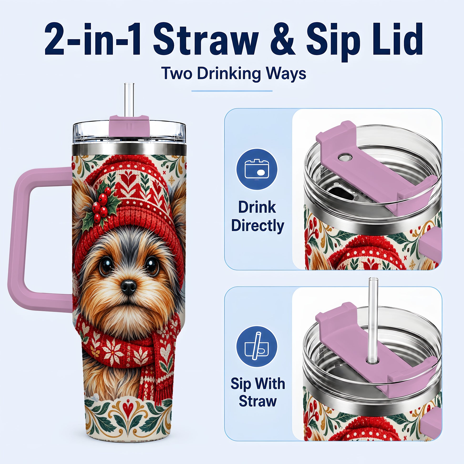 #pl[40oz|Pink] Christmas Yorkie 40oz Tumbler with Handle, Winter Dog Stainless Steel Cup