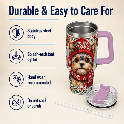 #pl[40oz|Pink] Christmas Yorkie 40oz Tumbler with Handle, Winter Dog Stainless Steel Cup