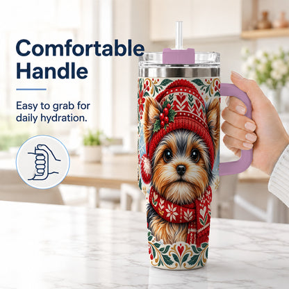 #pl[40oz|Pink] Christmas Yorkie 40oz Tumbler with Handle, Winter Dog Stainless Steel Cup