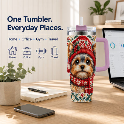 #pl[40oz|Pink] Christmas Yorkie 40oz Tumbler with Handle, Winter Dog Stainless Steel Cup