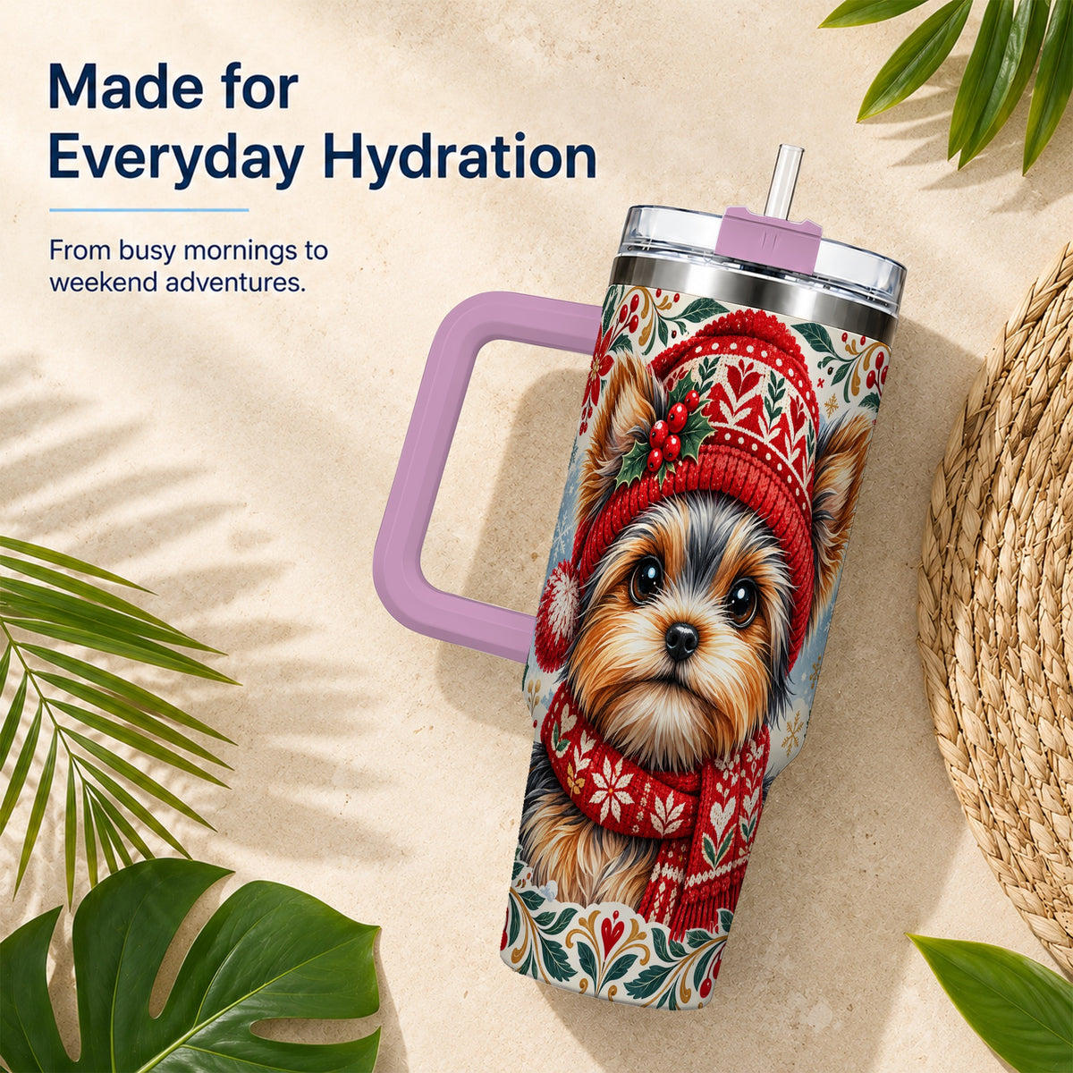 #pl[40oz|Pink] Christmas Yorkie 40oz Tumbler with Handle, Winter Dog Stainless Steel Cup