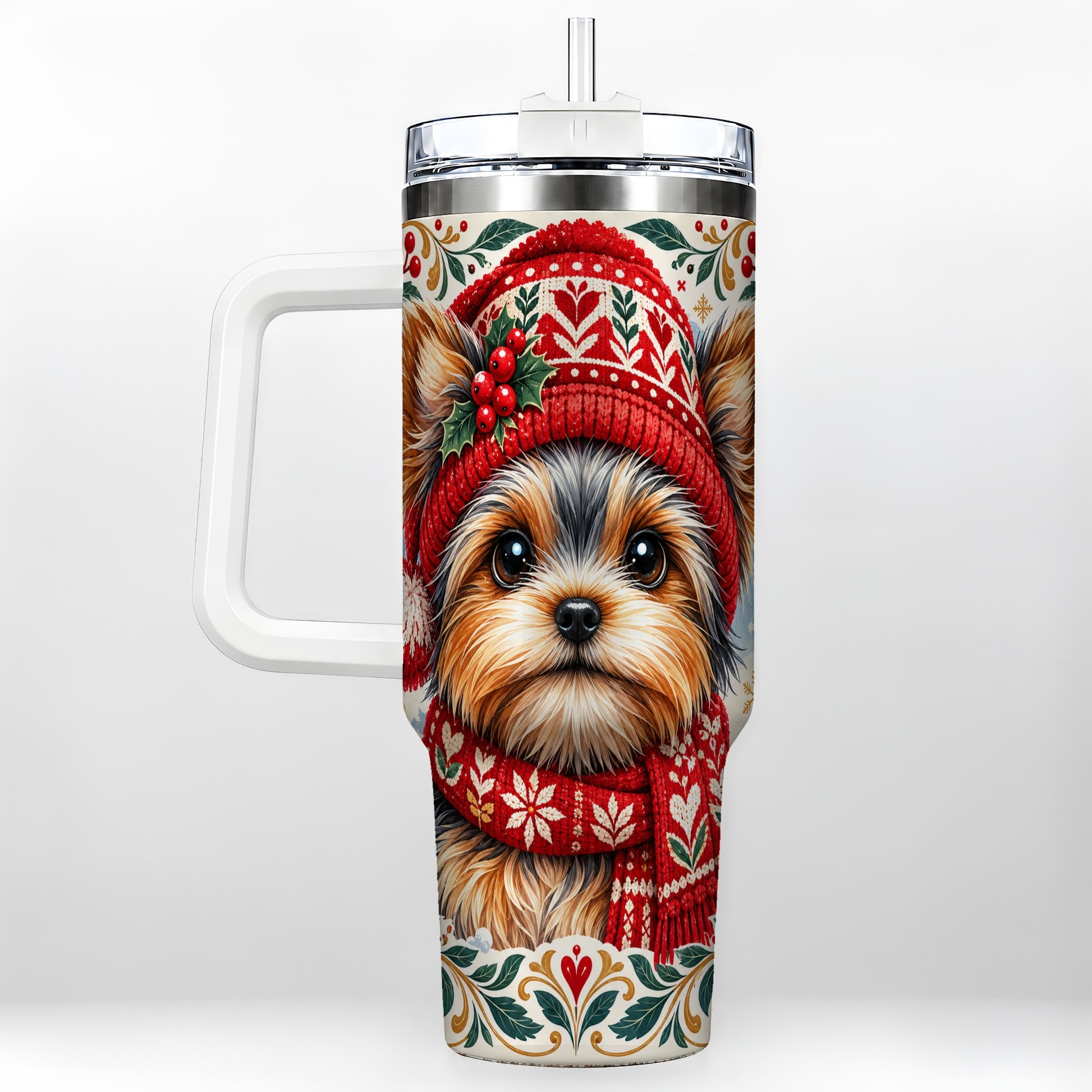 Christmas Yorkie 40oz Tumbler with Handle, Winter Dog Stainless Steel Cup