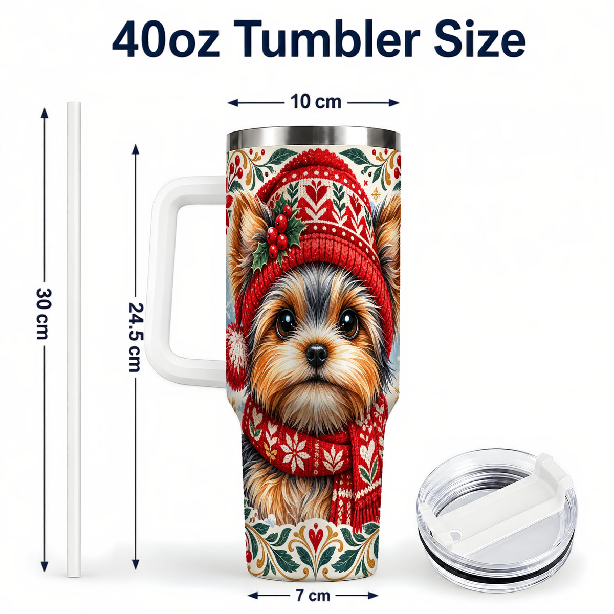 #pl[40oz|White] Christmas Yorkie 40oz Tumbler with Handle, Winter Dog Stainless Steel Cup