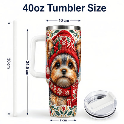 #pl[40oz|White] Christmas Yorkie 40oz Tumbler with Handle, Winter Dog Stainless Steel Cup