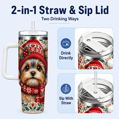 #pl[40oz|White] Christmas Yorkie 40oz Tumbler with Handle, Winter Dog Stainless Steel Cup