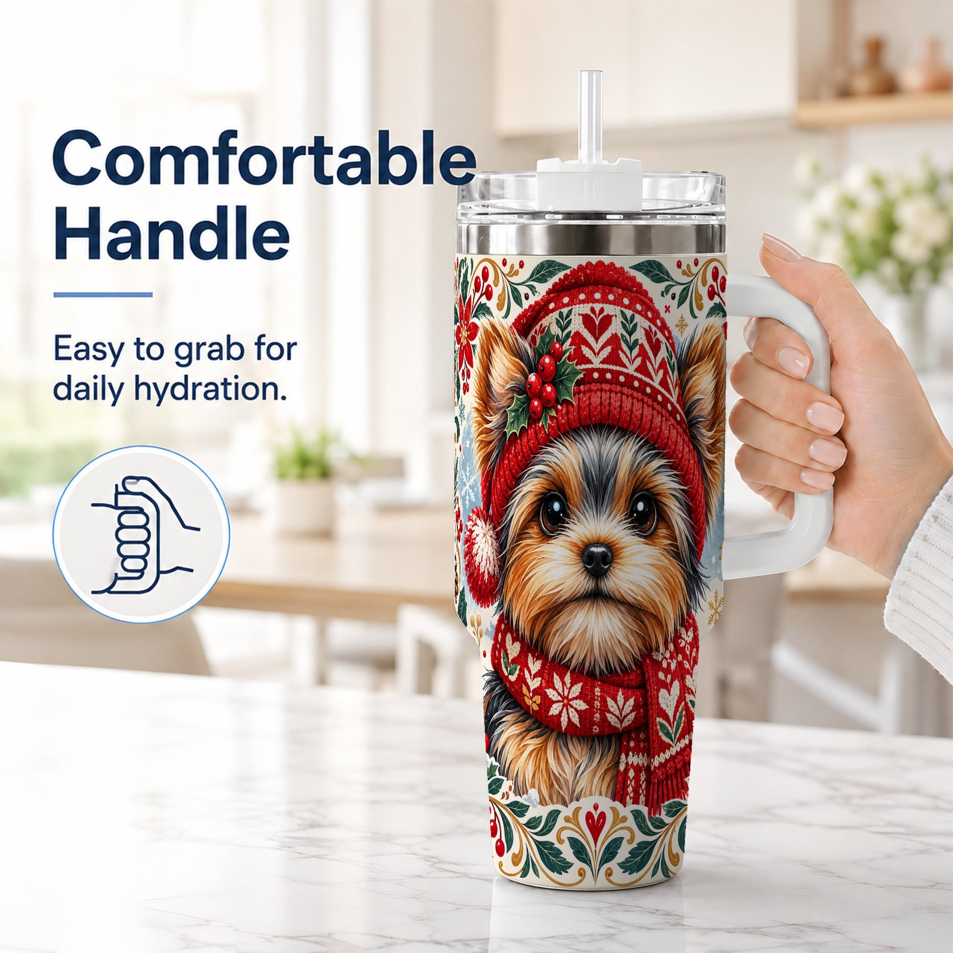#pl[40oz|White] Christmas Yorkie 40oz Tumbler with Handle, Winter Dog Stainless Steel Cup