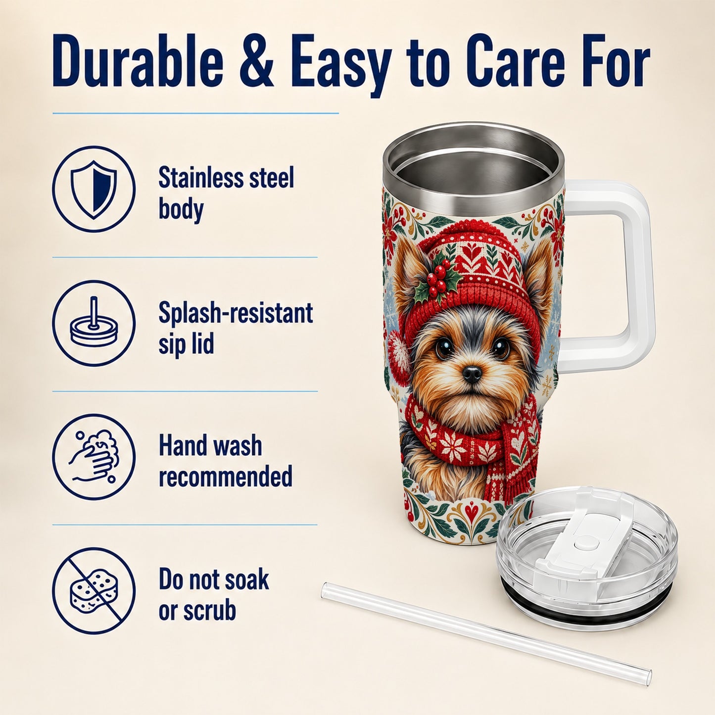 #pl[40oz|White] Christmas Yorkie 40oz Tumbler with Handle, Winter Dog Stainless Steel Cup