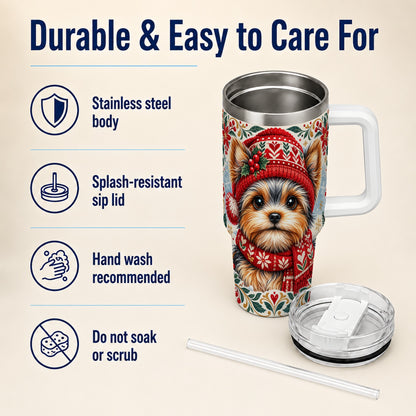 #pl[40oz|White] Christmas Yorkie 40oz Tumbler with Handle, Winter Dog Stainless Steel Cup