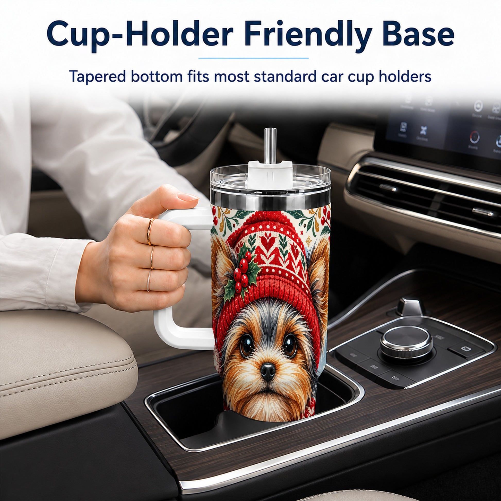 #pl[40oz|White] Christmas Yorkie 40oz Tumbler with Handle, Winter Dog Stainless Steel Cup