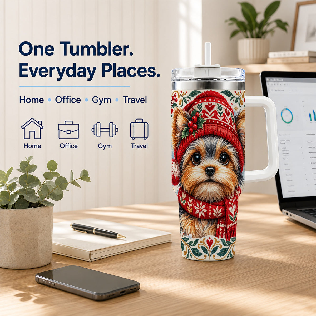 #pl[40oz|White] Christmas Yorkie 40oz Tumbler with Handle, Winter Dog Stainless Steel Cup