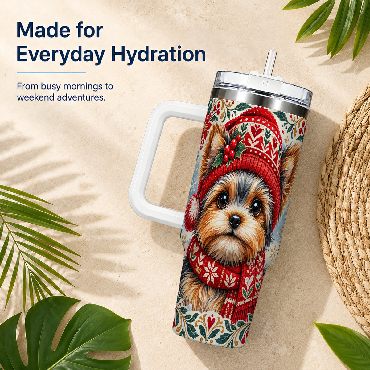 #pl[40oz|White] Christmas Yorkie 40oz Tumbler with Handle, Winter Dog Stainless Steel Cup
