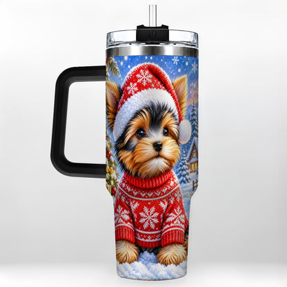 #pl[40oz|Black] Santa Yorkie 40oz Tumbler with Handle, Snowy Dog Stainless Steel Cup