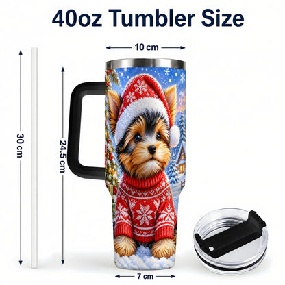 #pl[40oz|Black] Santa Yorkie 40oz Tumbler with Handle, Snowy Dog Stainless Steel Cup