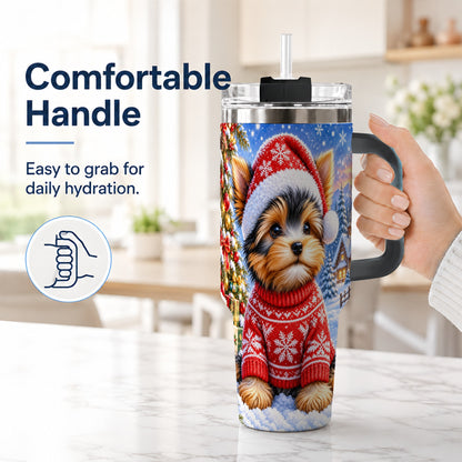 #pl[40oz|Black] Santa Yorkie 40oz Tumbler with Handle, Snowy Dog Stainless Steel Cup
