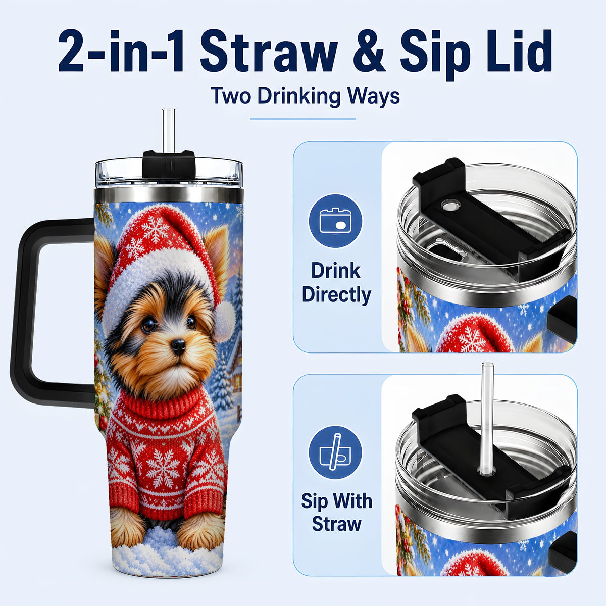 #pl[40oz|Black] Santa Yorkie 40oz Tumbler with Handle, Snowy Dog Stainless Steel Cup